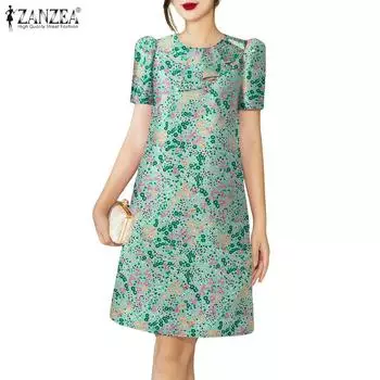 ZANZEA Women Summer Round Neck Short Sleeve Print Dress S чёрный