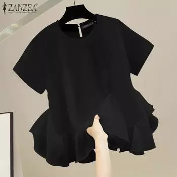 ZANZEA Женские летние блузки с круглым вырезом и короткими рукавами с оборками S чёрный