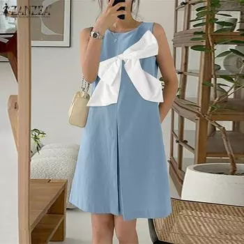ZANZEA Women Summer Round Neck Sleeveless Bows Patchwork Tank Dress S синий