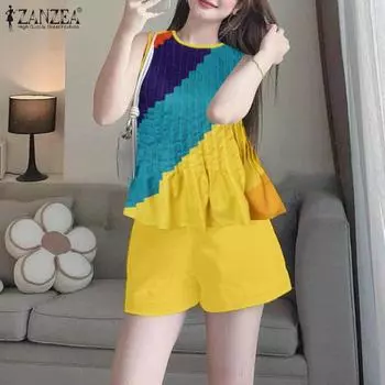 ZANZEA Women Summer Round Neck Sleeveless Contrast Color Tanks Wide Leg Shorts Sets 3XL жёлтый
