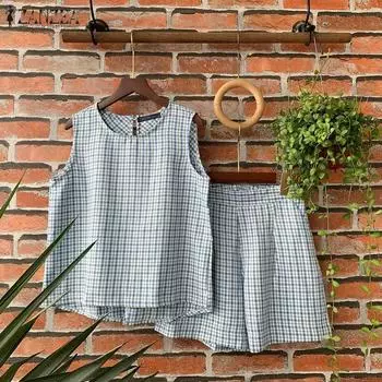 ZANZEA Женские летние комплекты с круглым вырезом без рукавов в клетку контрастного цвета с майками и шортами 2XL зелёный