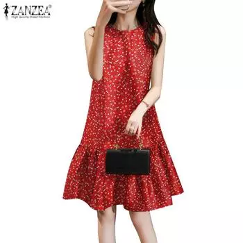 ZANZEA Women Summer Round Neck Sleeveless Floral Dress 2XL чёрный