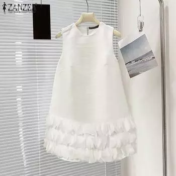 ZANZEA Women Summer Round Neck Sleeveless Flower A-Line Dresses M чёрный