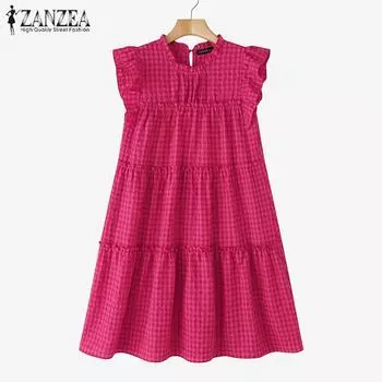 ZANZEA Women Summer Round Neck Sleeveless Grid Print Tank Dress S темно-розовый