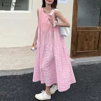 ZANZEA Женское летнее платье в клетку с круглым вырезом без рукавов 2XL светло-синий