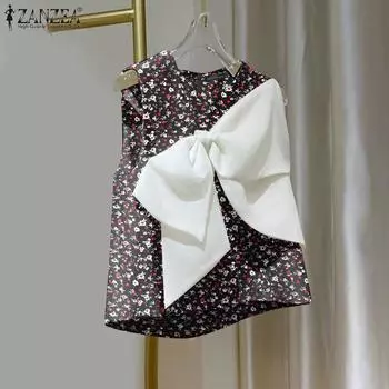 ZANZEA Women Summer Round Neck Sleeveless Tie Floral Print A-Line Tanks