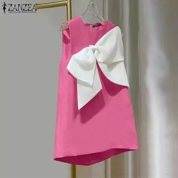 ZANZEA Women Summer Round Neck Sleeveless Tie Colorblock Dresses 3XL оранжевый