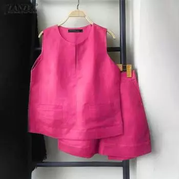 ZANZEA Women Summer Round Neck Sleeveless Vests Pocket Shorts Sets S белый