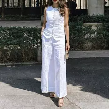 ZANZEA Женский летний комплект из круглого выреза без рукавов с талией и широкими брюками 5XL чёрный