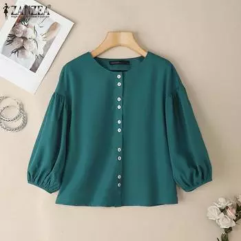 ZANZEA Women Summer Round Neck Solid Color Casual 3/4 Sleeve Blouse 4XL розовый