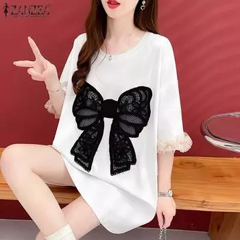 ZANZEA Женские летние футболки с коротким рукавом и круглым вырезом, кружевным принтом и завязками 4XL чёрный