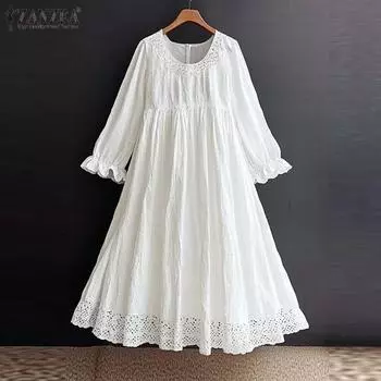ZANZEA Женские летние кружевные платья с круглым вырезом и длинным рукавом S белый