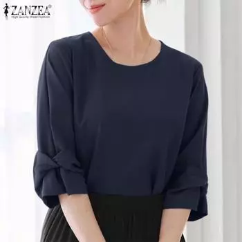 ZANZEA Women Summer Round Neck Twisted Solid Color Short Sleeve Blouses 3XL фиолетовый