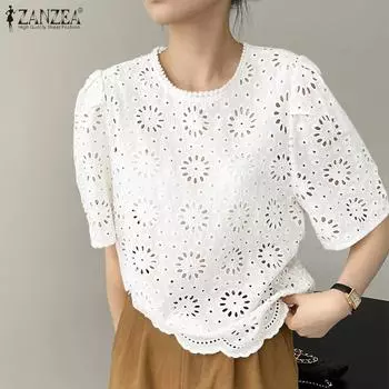 ZANZEA женская летняя повседневная блузка с коротким рукавом и ажурным кружевом M белый