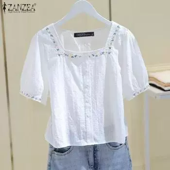 ZANZEA Women Summer Square Neck Lace Printed Short Sleeve Blouses S белый