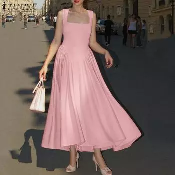 ZANZEA Women Summer Square Neck Loose Casual Sleeveless Long Dress XL чёрный