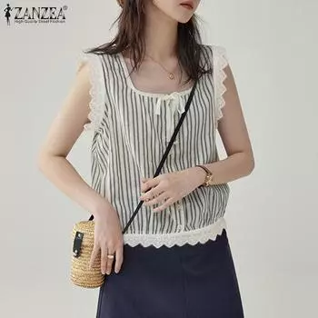 ZANZEA Женские летние майки с квадратным вырезом в полоску и кружевом S чёрный