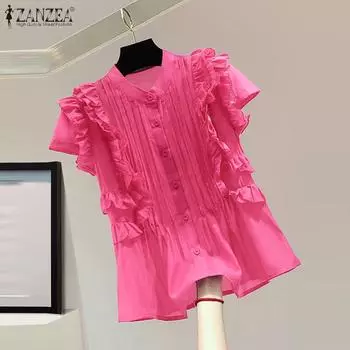 ZANZEA Women Summer Stand Collar Sleeveless Striped Shirts S темно-розовый