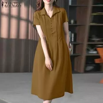 ZANZEA Women Summer Turn Down Collar Loose Casual Short Sleeve Dress M коричневый