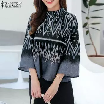 ZANZEA Women Summer Turtleneck 3/4 Sleeve Floral Print Casual Loose Smooth T-shirts 3XL серый