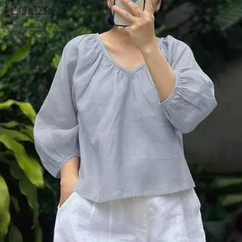 ZANZEA Women Summer V-Neck 3/4 Sleeve Loose Blouses M серый