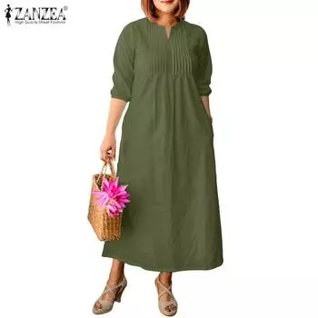 ZANZEA Женское летнее свободное повседневное платье с V-образным вырезом и рукавом 3/4 S зелёный