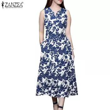 ZANZEA Women Summer V-Neck Casual Printing Sleeveless Dress S хаки