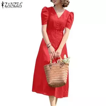 ZANZEA Women Summer V-neck Casual Short Sleeve Dress 3XL красный
