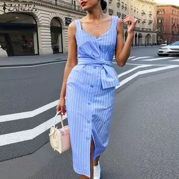 ZANZEA Women Summer V-Neck Casual Sleeveless Stripe Dress S темно-розовый