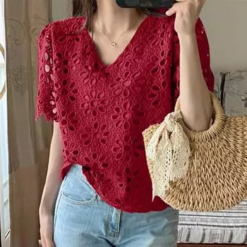 ZANZEA Women Summer V-Neck Lace Crochet Patchwork Casual Short Sleeve Blouse 4XL