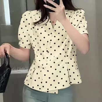 ZANZEA Women Summer V-Neck Short Sleeve Polka Dot Print Casual Blouse S абрикосовый