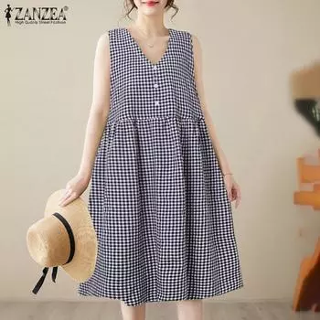 ZANZEA Женское летнее повседневное платье с V-образным вырезом без рукавов в клетку S коричневый
