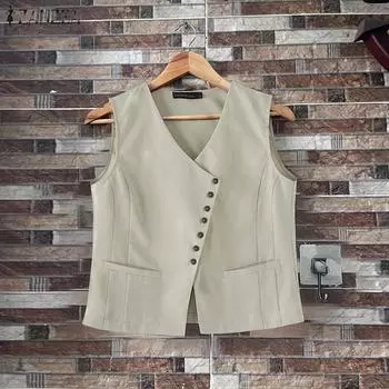 ZANZEA Women Summer V-Neck Sleeveless Pocket Vests чёрный