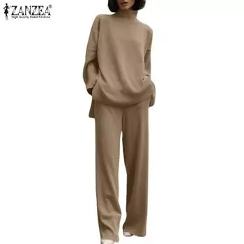 ZANZEA Женская толстовка, повседневная блузка и брюки, комплект из двух предметов S темно-синий