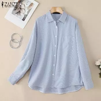ZANZEA Женская повседневная блузка в полоску с отложным воротником и длинным рукавом S синий