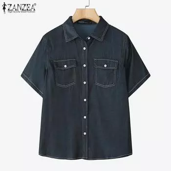 ZANZEA Women Turn Down Collar Casual Short Sleeve Blouse S темно-синий