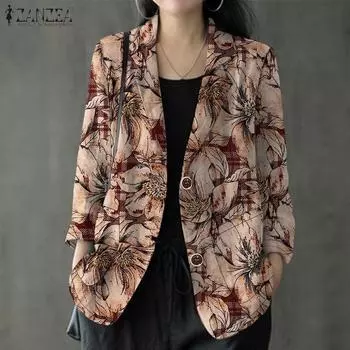 ZANZEA Women Turn Down Collar Long Sleeve Print Cardigan Thin Outwear S хаки