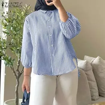 ZANZEA Women Turn Down Collar Loose 3/4 Sleeve Stripe Blouse S синий