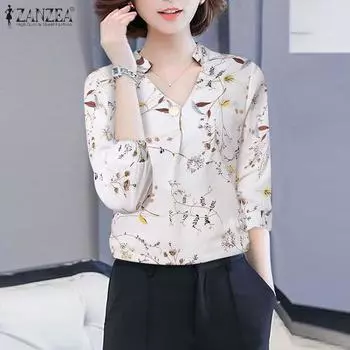 ZANZEA Women V Neck 3/4 Sleeve Floral Print Straight Loose Blouse