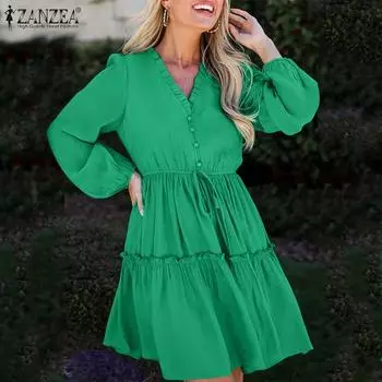 ZANZEA Women V-Neck Lantern Long Sleeve Dresses S зелёный