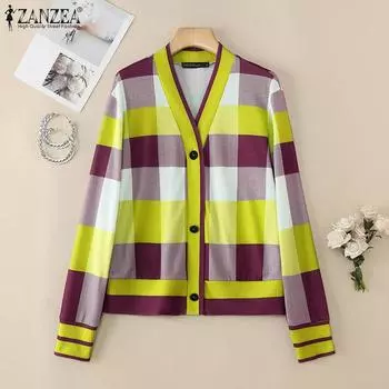 ZANZEA Женская блузка-кардиган с V-образным вырезом и длинными рукавами в сетку S зелёный