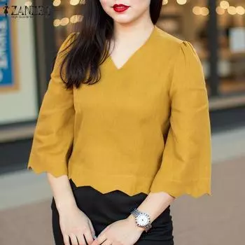 ZANZEA Women V-neck Loose Casual 3/4 Sleeve Plain Blouse 4XL жёлтый