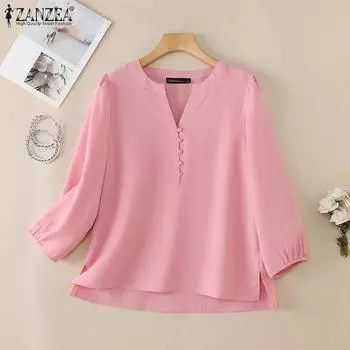 ZANZEA Women V-neck Loose Casual Short Sleeve Blouse S жёлтый