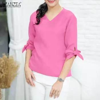 ZANZEA Women V-Neck Solid Color Casual 3/4 Sleeve Blouse S розовый