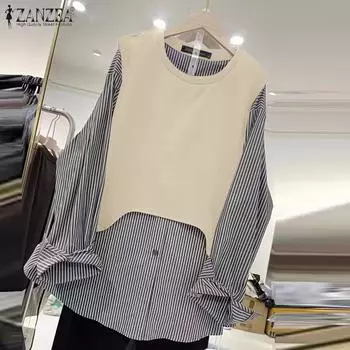 ZANZEA Women Vintage Fake Two-Piece Striped Long Sleeve Blouses S чёрный