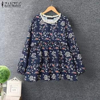 ZANZEA Женские винтажные кружевные блузки с круглым вырезом и цветочным принтом с длинным рукавом S зелёный