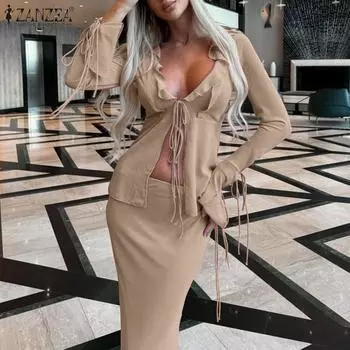 ZANZEA Женские винтажные комплекты с длинным рукавом и лацканами, закрывающие бедра и талию M розовый