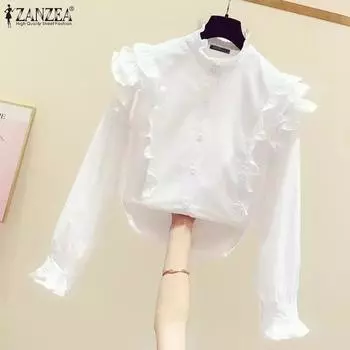 ZANZEA Women Vintage Round Neck Ruffle Long Sleeve Shirts S белый