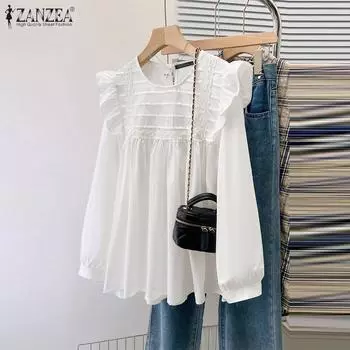 ZANZEA Women Vintage Round Neck Ruffled Long Sleeve Striped Blouses S белый