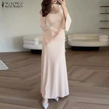 ZANZEA Женские винтажные платья с круглым вырезом, рукавами-трубами, длинными рукавами, облегающие, вязаные M